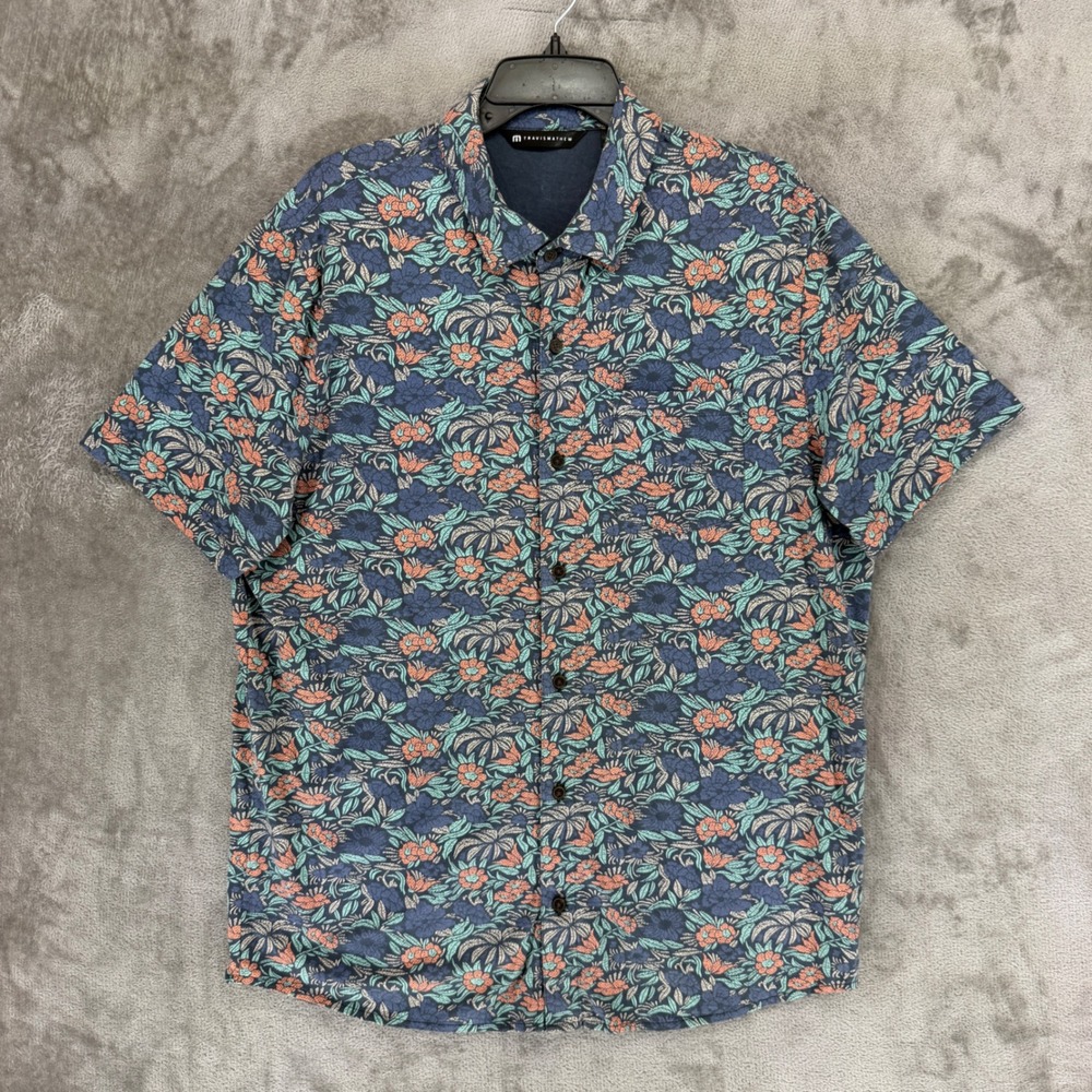 TravisMathew Shirt Mens L Short Sleeve Floral Blue Button-Down EUC